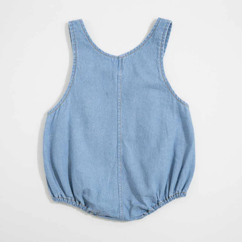 Sommar spädbarn baby denim bodyysuits med hatt barn solid färg casual jumpsuits 0-3 år barn kläder 210708