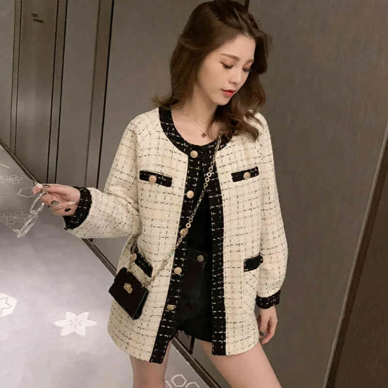 Women Fashion Coat Autumn Winter Thin Checkered Single Breasted Tweed Casual Loose Plaid Jacket Outerwear 210514