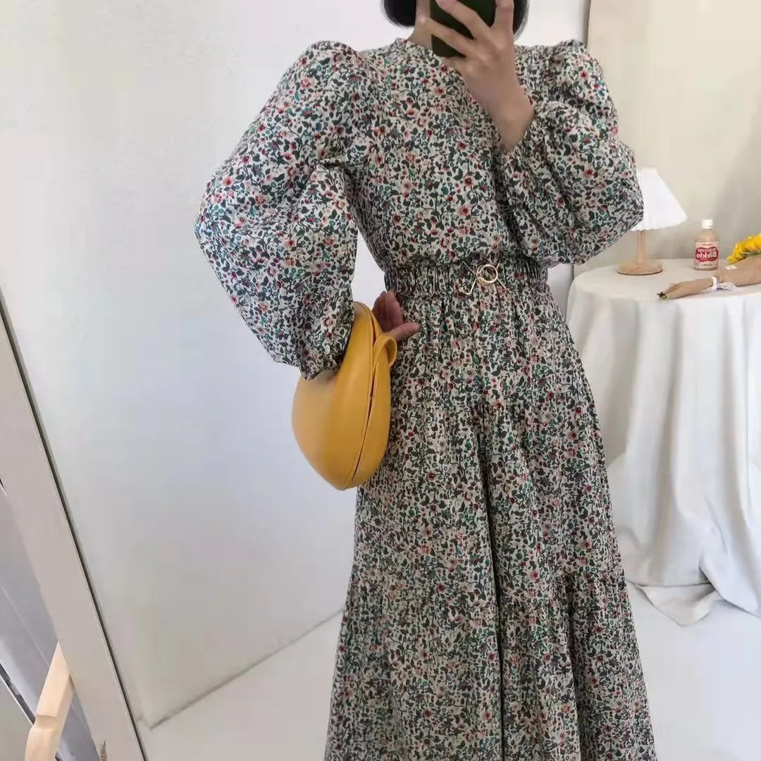 Spring And Summer Loose Women's Chiffon Maxi Dress Sundresses Femme Robe O-Neck Long-Sleeved Floral Vintage 210514