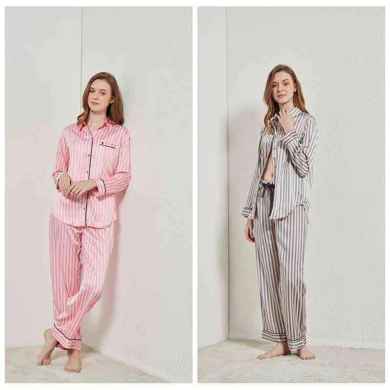 Letnie piżamy dla kobiet Satin Silk Striped Sleepwear 2 sztuk Zestaw Sleep Tops Spodnie PJS Damskie Noc Nosić Loungewear Home Suit 211112