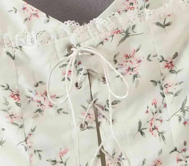 Foridol dentelle épissé imprimé floral moulante mini robe femmes à bretelles été boho robe d'été à lacets vintage robe sans manches vestido 210415