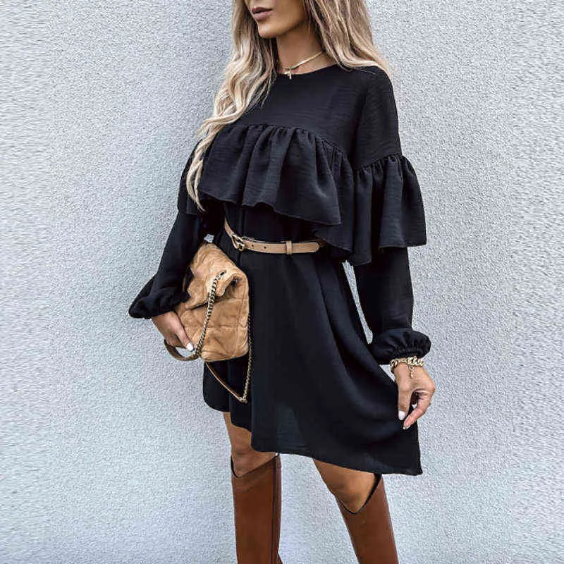 Office Lady Long Sleeve Party Dress Elegant Ruffle Loose Mini Dress Fashion Women Autumn O Neck Solid Pullover Dresses Vestidos Y1204