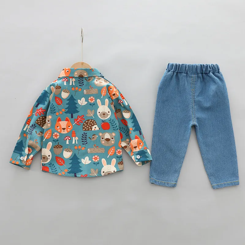 Комплекты детской одежды из 2 предметов, хлопковая рубашка с отворотами с мультяшным принтом для малышей, джинсы, штаны с изображением животных зоопарка, осенние комплекты одежды для маленьких детей3071863