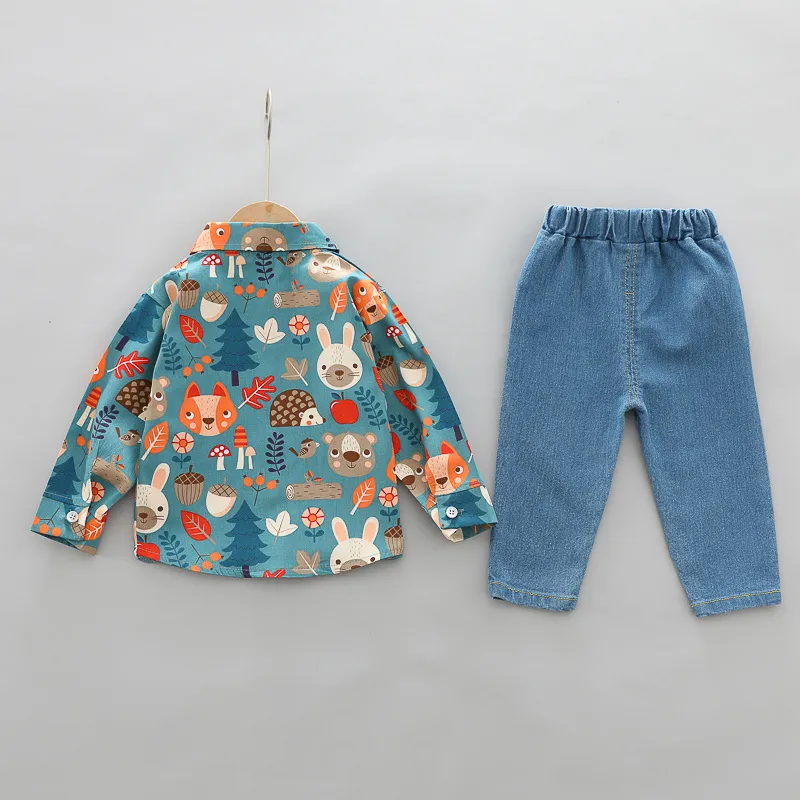 2 pezzi set di abbigliamento bambini in cotone bambino stampa cartone animato risvolto camicia jeans zoo animali pantaloni autunno bambino bambini vestiti set3071863