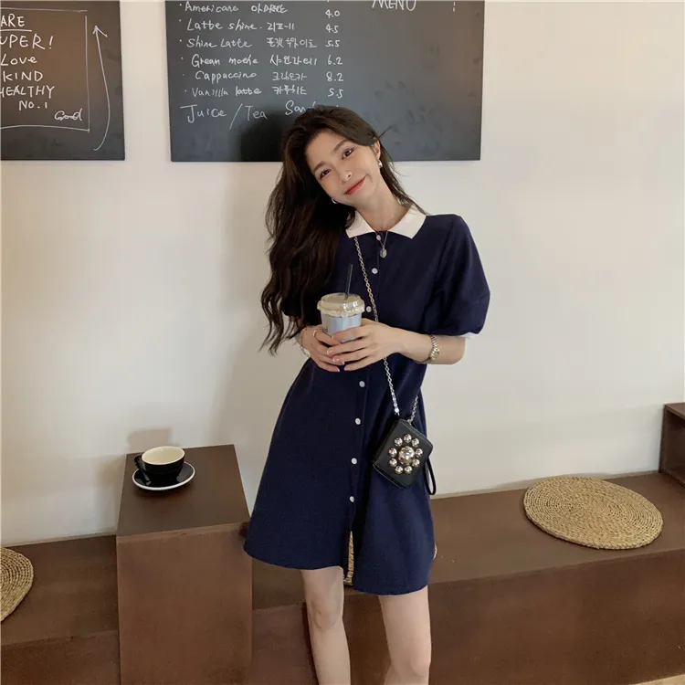 Casual Curto Buff Manga Camisa Vestido Mulheres Single-Breasted All Match Mini Vestidos Corean Chic Moda Robe Vestidos 210519