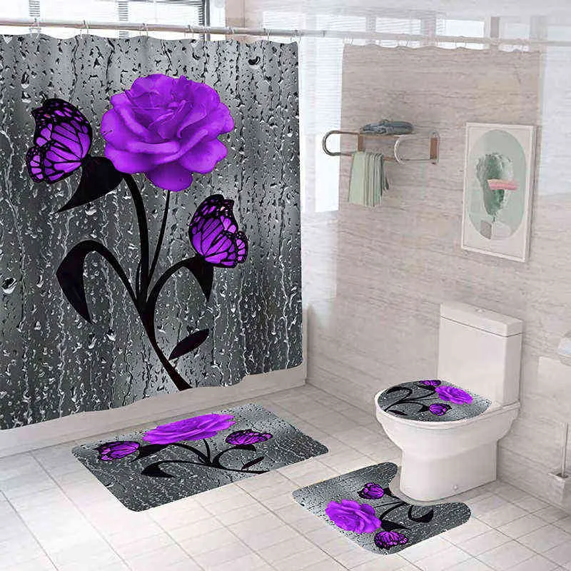 레드 로즈 베리 플라이 욕실 미끄럼 방 방수 샤워 커튼 세트 튼튼한 방수 샤워 커튼 세트 목욕 매트 러그 211116