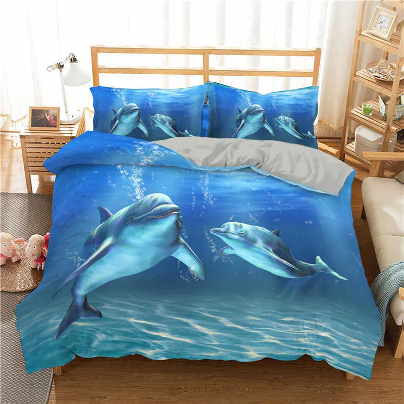 Ensemble de housse de couette bleu dauphin de mer couette lit taie d'oreiller roi reine taille Textile de maison 210615