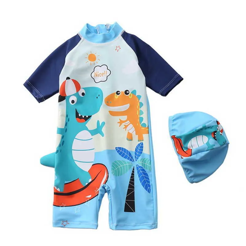 Summer Kids Boys Swimwear Cartoon Dinosaur Swimsuit with Cap Children Cute Style Clothes E8017 210610