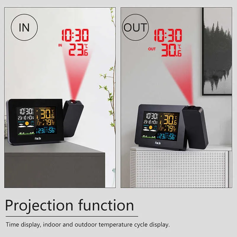 Station météo à écran couleur numérique LCD réveil radio FM projecteur de projection horloges de projection alarme de prévision 210804