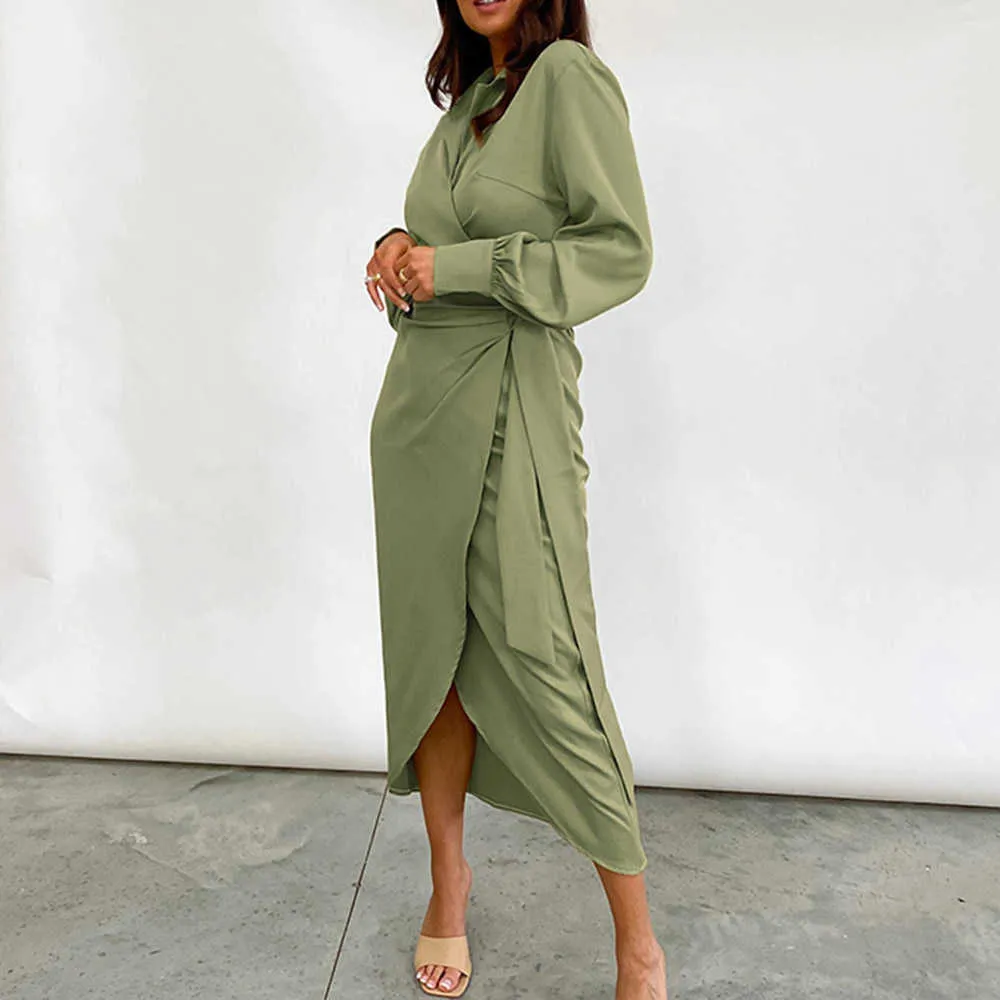 Elegant klänning kvinnor fall 2021 spets upp enkel skärning komfort franska retro wrap klänningar kvinnlig sexig split midi robe y1006