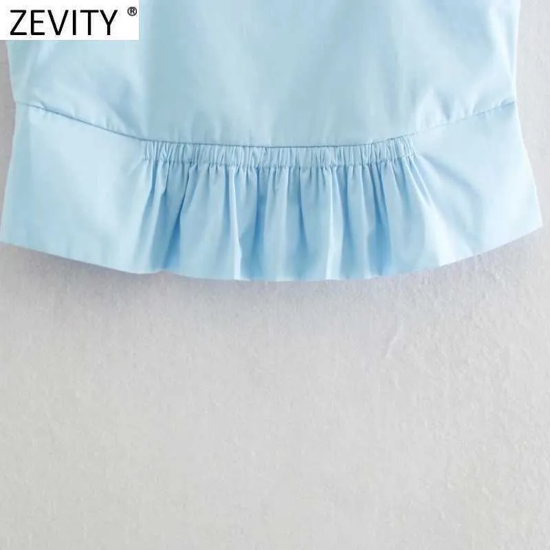 Zevity Women Square Collar Solid Color Hem Pleat Ruffles Krótki Bluzka Smock Kobieta Koszula Bez Rękawów Chic Blusas Topy LS9027 210603