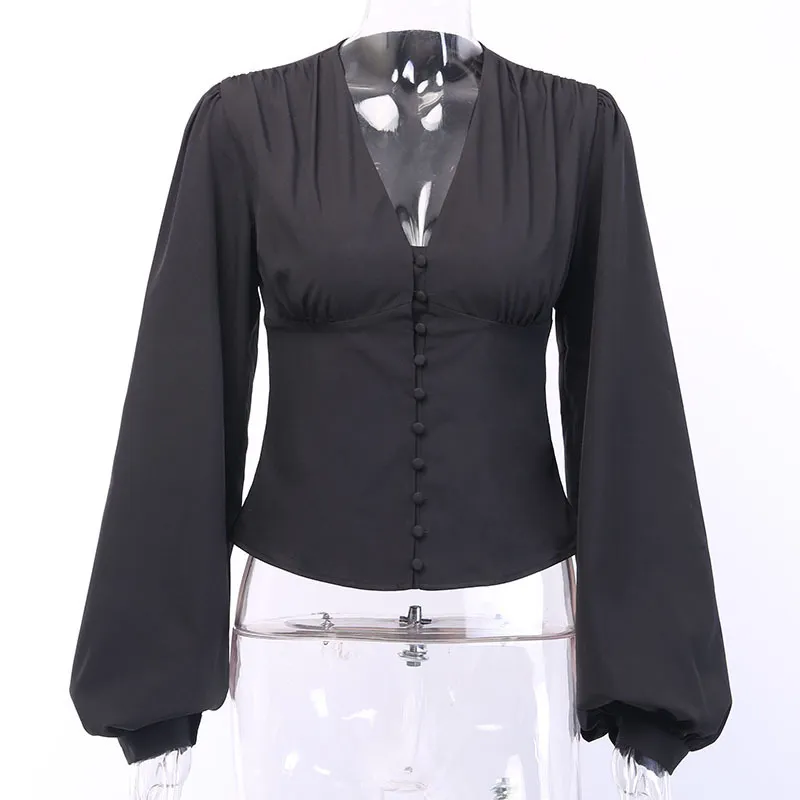 Blouses femme Sexy col en v profond noir bouton lanterne à manches longues mince mode automne élégant dame petit haut 210522