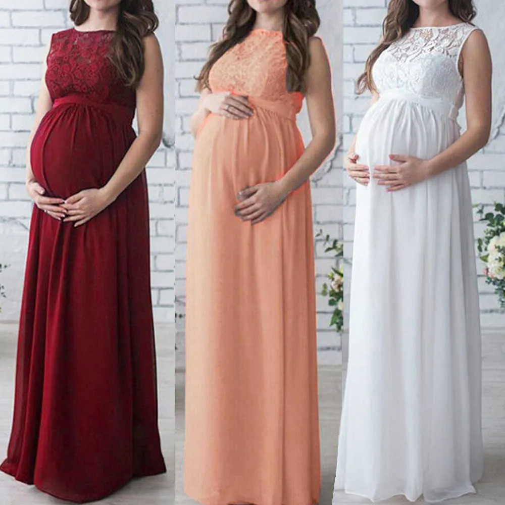 Femmes enceintes robe dentelle longue robe Maxi robe de maternité photographie accessoires vêtements décontracté sans manches fête robe de mariée lâche Q0713