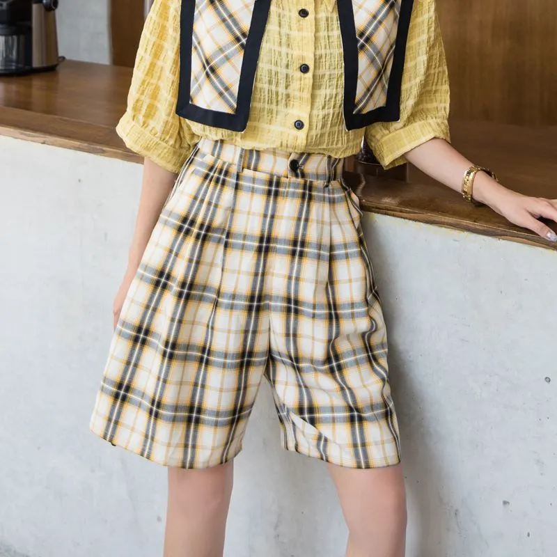 [EWQ]カジュアルショーツ女性快適な韓国のショーツ夏の新しい黄色い格子縞の夏のハイウエストショートワイドレッグホット8p003H07 210423