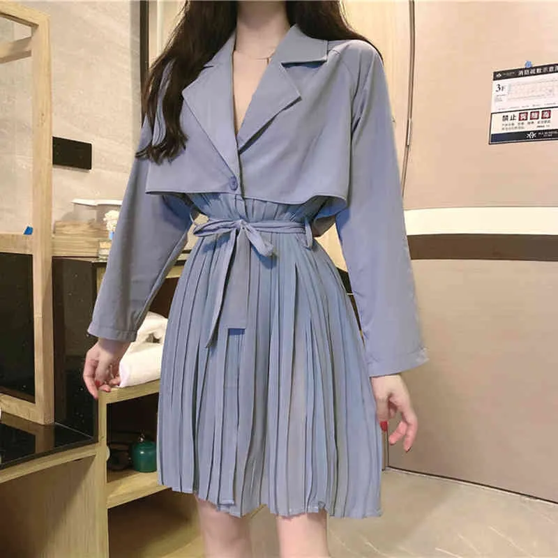 Spring Autumn Women's Dress Korean Pure Color Suit Collar Long Sleeve Waist Short Female Fake Two Piece es GX662 210507