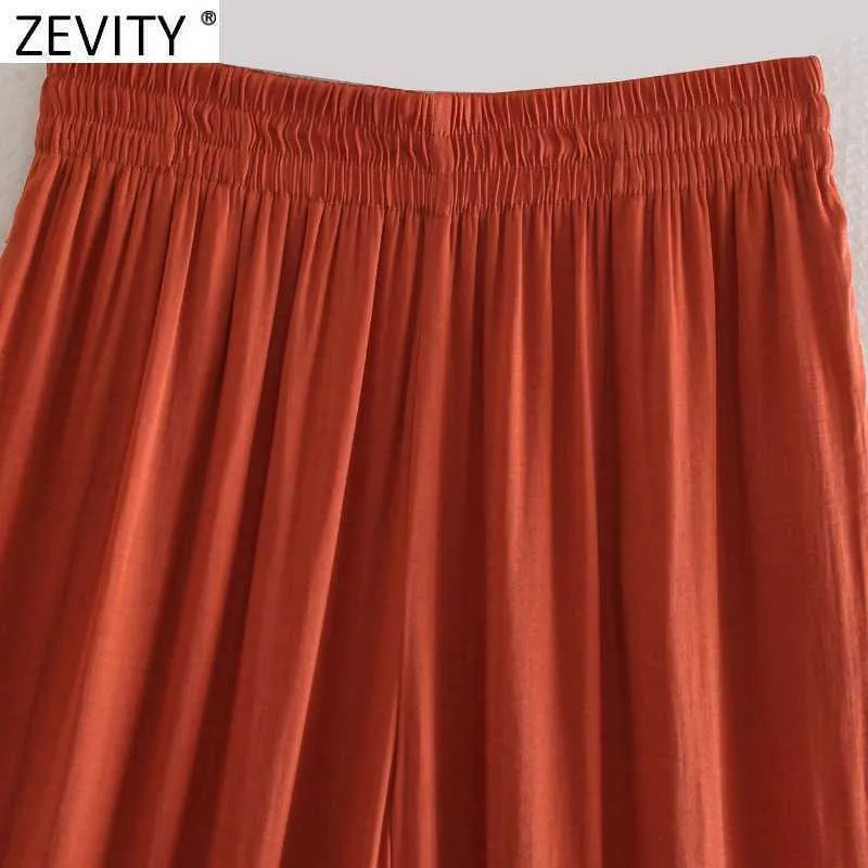 Zevity femmes mode couleur unie plis pantalon à jambes larges femme Chic taille élastique poches latérales décontracté été pantalons longs P1142 210915