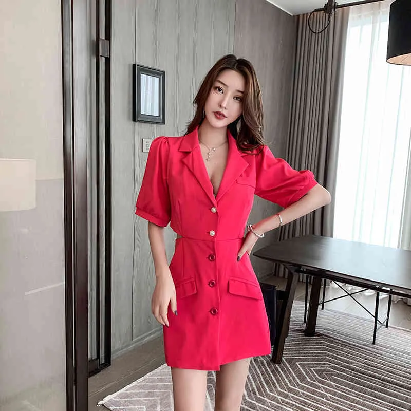 Sexy Hollow Out Waist Casual Sukienka Dla Kobiet Retro Mody Notched Smoking Puff Mini Blazer Dress Kobieta 210518