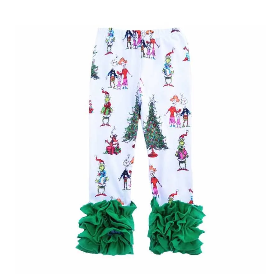 Girls Christmas Leggings Toddler Bell Bottoms Icing Ruffle Pants Grinch Printed Dress Kids Holiday Clothes 211018