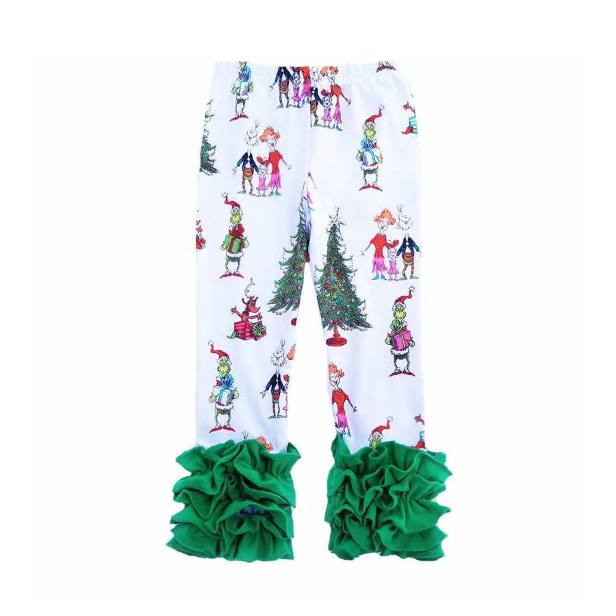 Meisjes Kerst Leggings Peuter Bell Bottoms Icing Ruffle Broek Grinch Gedrukt Jurk Kids Holiday Clothes 211018