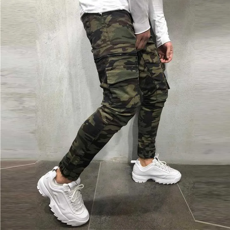 Camuflagem estilo homens jeans jasgador calças militares calças multi-bolso cargo calças hip hop sólido-colorido lápis jeans homens x0621