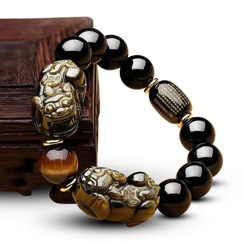 Pulseira de riqueza obsidiana pixiu com fios frisados, vintage, boa sorte, joias personalizadas, presente para homens e mulheres, pr 277q