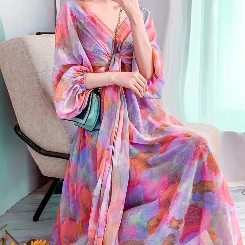 Vacances d'été Robe longue Robe à manches pour femmes Ceinturée Imprimé floral Élégant Vacances Bohème Mousseline Maxi de Mulher 210421