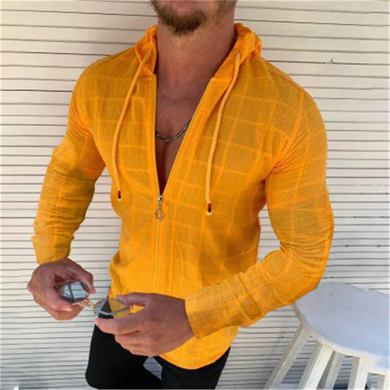 Été européen américain vêtements pour hommes grille décontracté mode chemise à capuche Cardigan hommes à manches longues 210721
