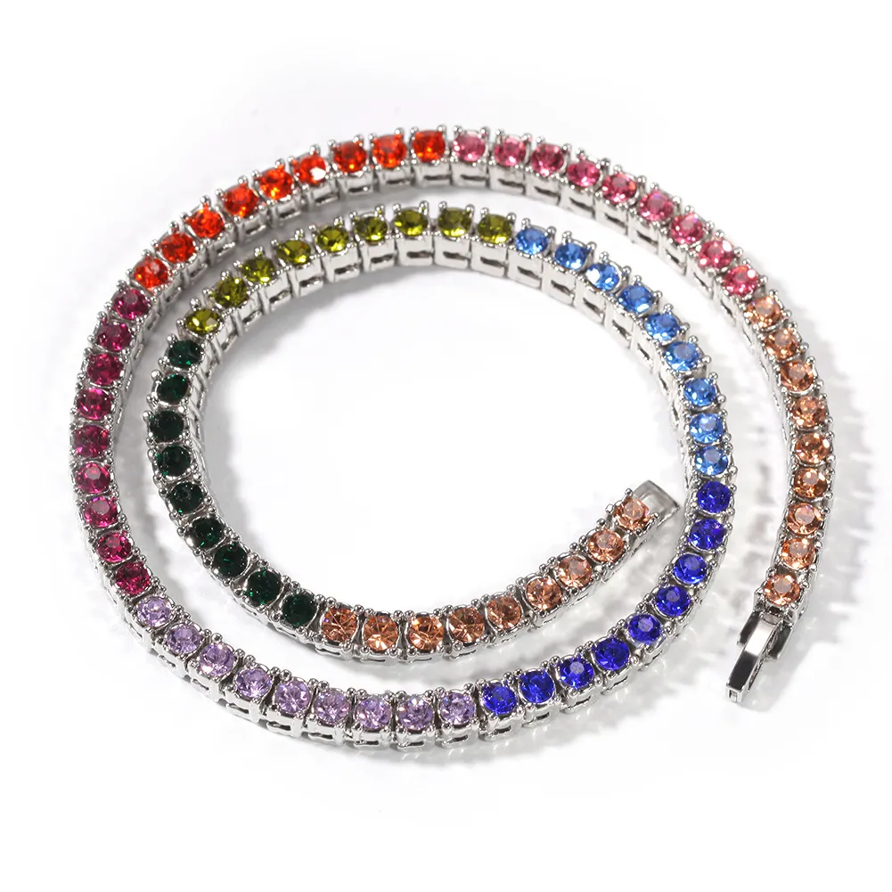 Cadena de tenis con diamantes coloridos para hombre, collar de joyería de Hip Hop, collares de cadena de oro y plata, 4mm270c