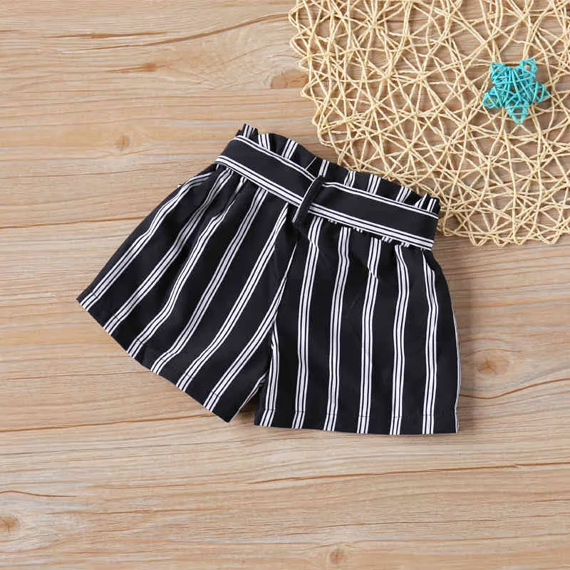 Girls Shorts Summer Pants Black And White Stripes + Belt Baby Girl Cotton Kids For 2-6Y 210515