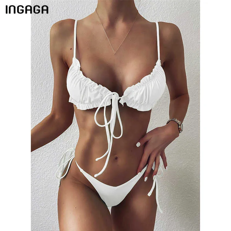 Ingaga Push Up Bikini Swimsers Swimwear Kobiety Wysokie cięcie Biquini String Bow Garnitury kąpielowe Thong Beachwear Ruched Bikini Set 210621