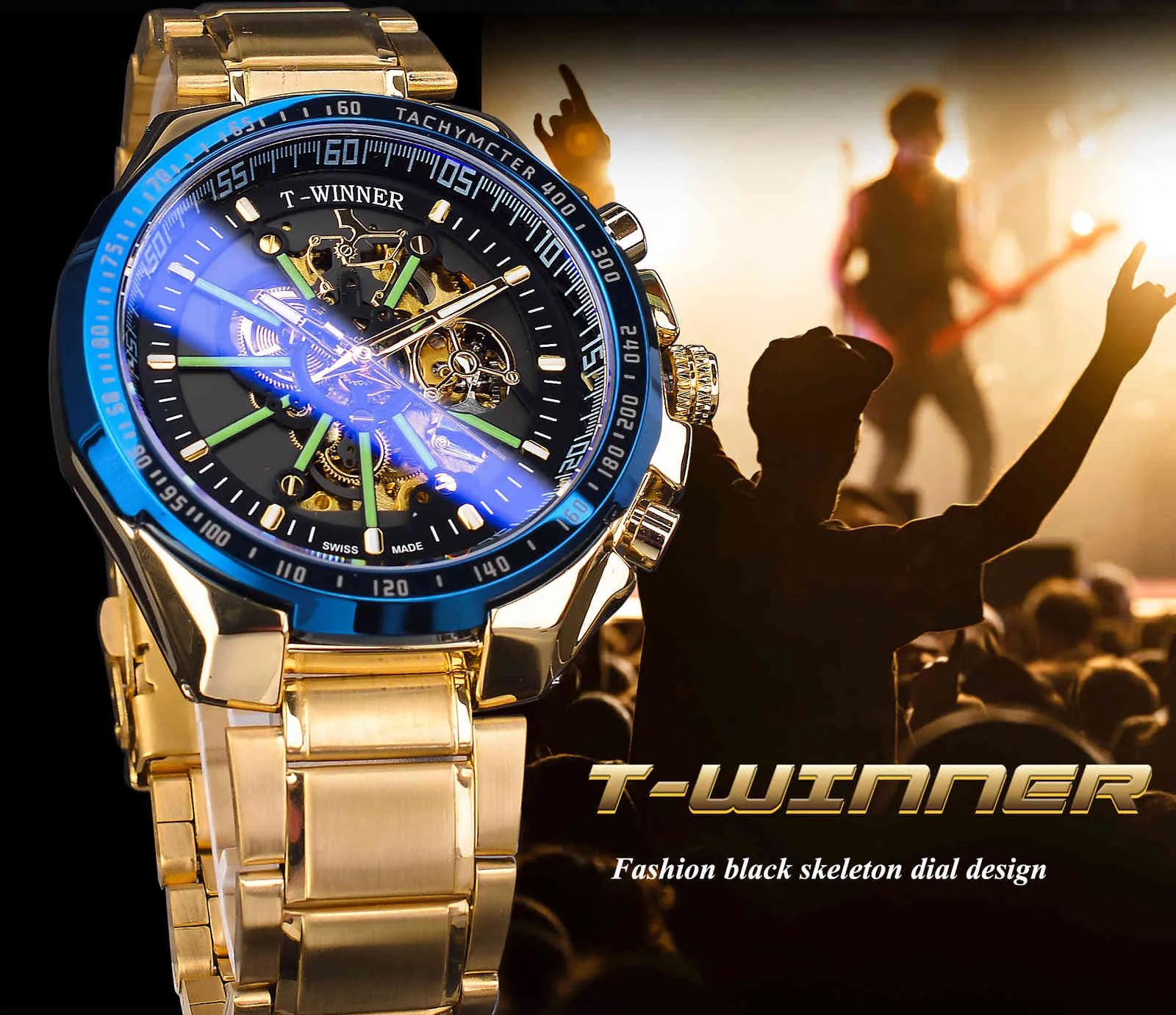 Winner Blue Light Glass Новые модные мужские часы Черные золотые водонепроницаемые спортивные автоматические часы из нержавеющей стали Luminous Clock222S
