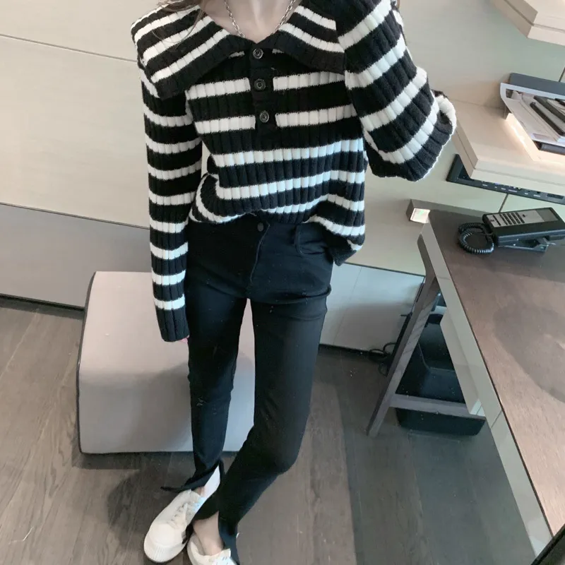 Kimutomo Casual Striped Knitted Sweater Women Turn-down Collar Buttons Warm Long Sleeve Pullovers Outwear Spring 210521