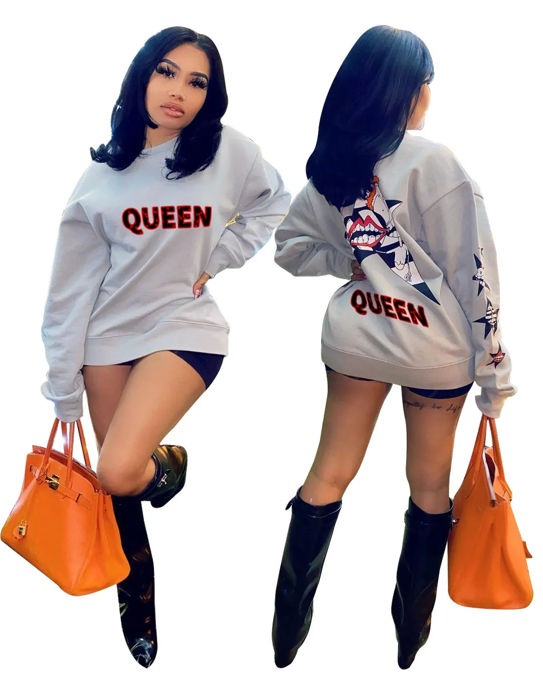Queen Letter Print Vintage Casual Pullover Sweatshirt Top Produkt BF Style Långärmad T-shirt Cool Girl Street 210525