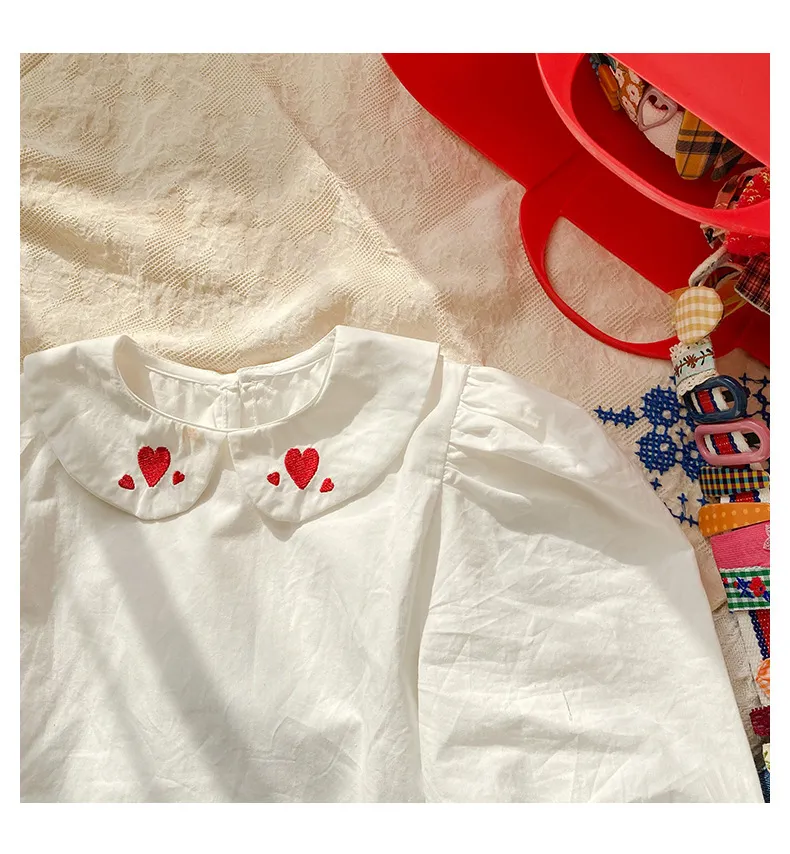 Girls Blouse Spring Children's Clothing Fashion Heart Print Cotton Shirts Cute Baby Girl Long Sleeve Doll Collar Tops 210413