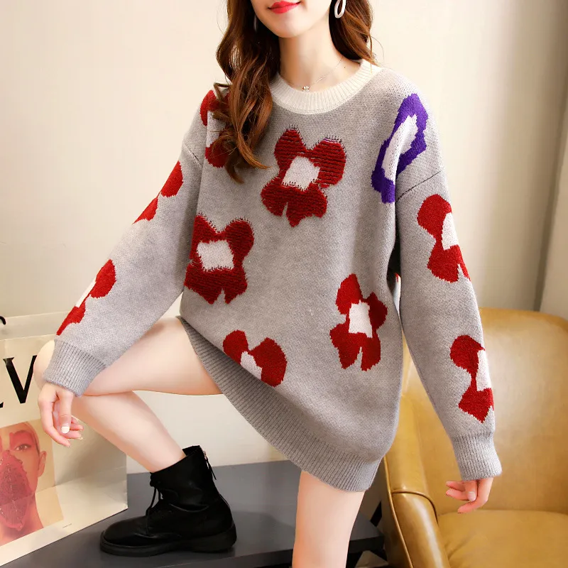 H.SA свитер осень зима с длинным рукавом вязаные топ цветочные розовые свободные вязать пуловер женщин негабаритный пот 210417