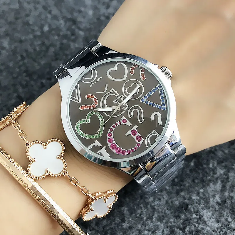 Marca relógio feminino menina colorido cristal grandes letras estilo metal banda de aço relógios de pulso quartzo gs 7155271p