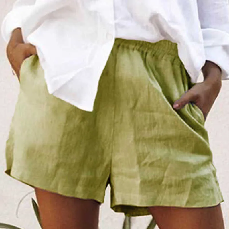 Fashing Summer Women Pantaloncini di lino in cotone il tempo libero Pantaloni corti larghi Elastico in vita Moda casual Colore caramella Big Plus Size S-5XL 210714