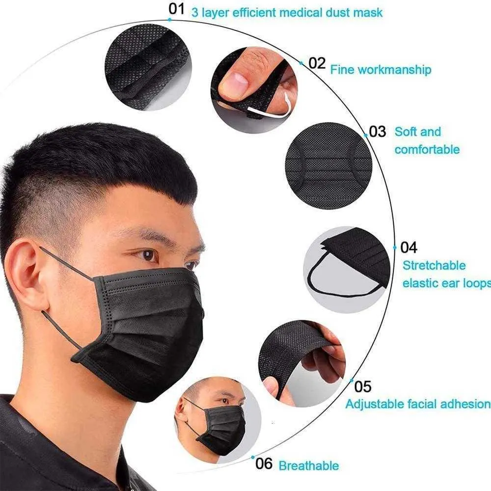 Masques jetables noirs Masque de protection à 3 couches avec contour d'oreille Masques sanitaires extérieurs pour le visage Whole2788