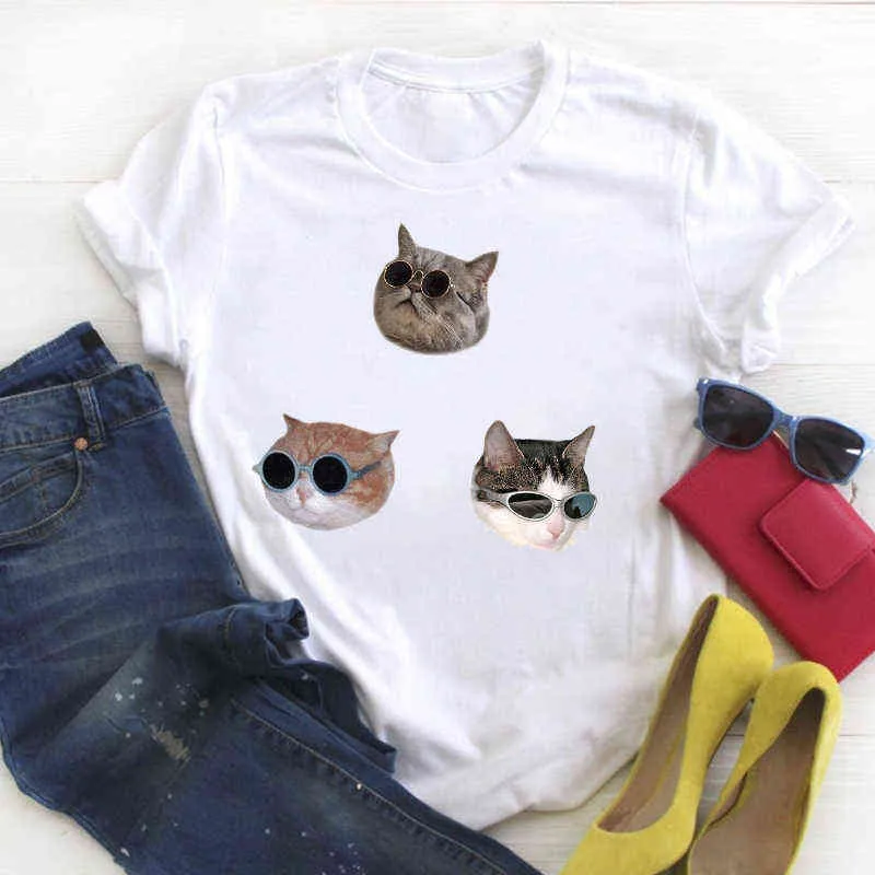 Nette Katze Pet Cartoon T-shirt Drucken Damen Sommer frauen T shirt Weibliche Top Shirt Kleidung T-shirt Frauen Grafik T-shirt tops G220310