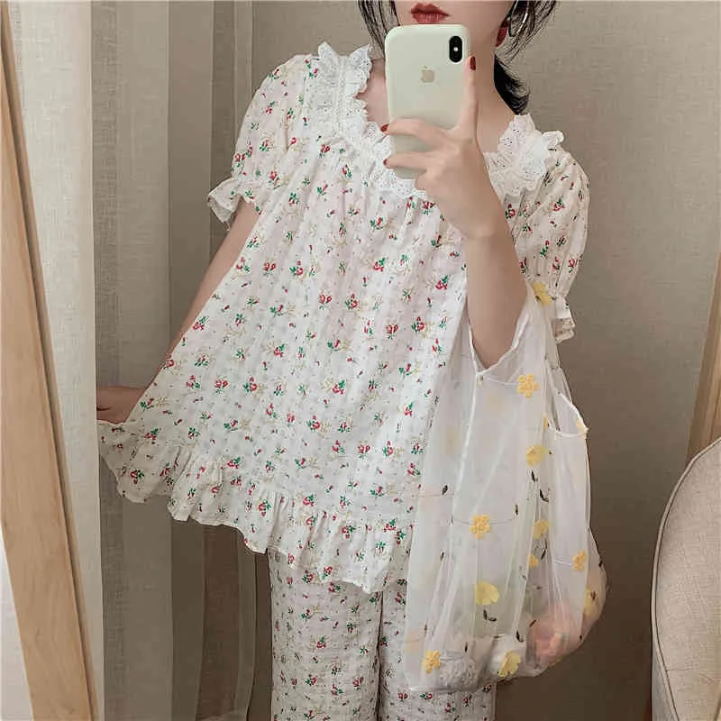 Homewear Cotton Summer Florals Donne Stampate Ragazze Comode Sleepwear All Match Set di pigiami dolci sciolti 210525