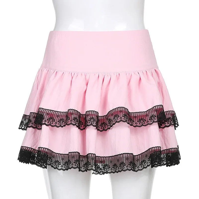 Czarny Koronkowy Wykończenie Y2K Harajuku Różowy Plisowany Spódnica Kobiety Preppy Style Kawaii Wysokiej Pięci Krótkie Spódnice Ladies Dwuwarstwowa Warstwa Odzież 210517