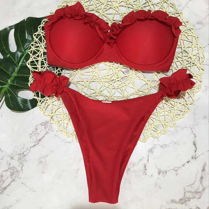 Vadderad push up bikini set underwire blomma ruffles baddräkt för kvinnor sexig solid bandeau kvinnlig baddräkt sommarbiquini 210629