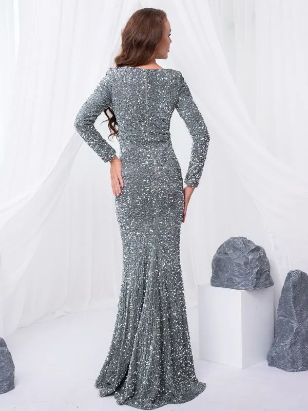 Lange Mouw Sequin Maxi Jurk Vloer Lengte Sparkles Stretch V-hals Mermaid Formele Avond Nacht Feestjurk Grijs Zwart Rood 220311