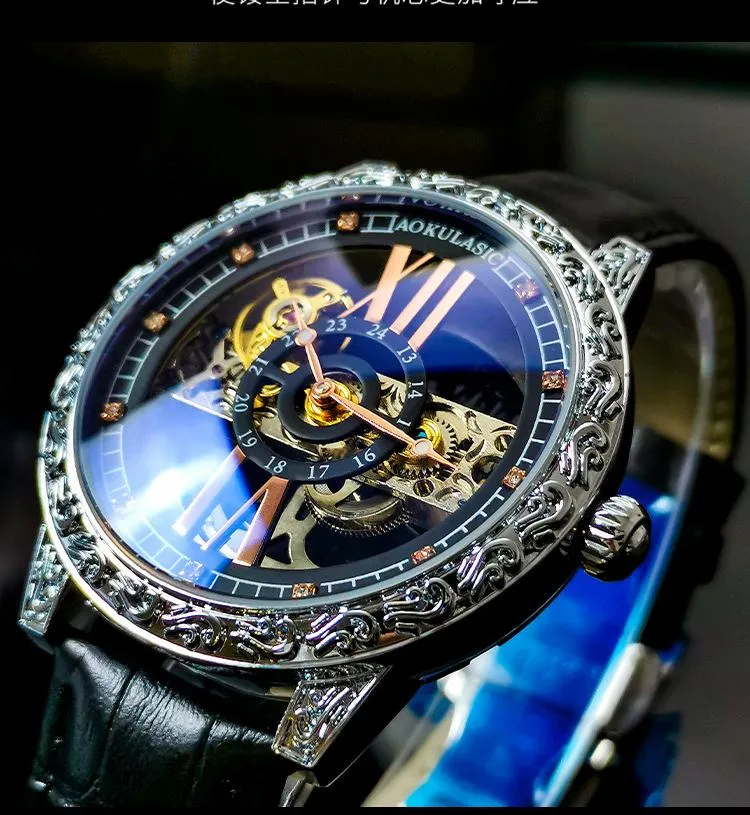 Zegarek aokulasic biznesowy przycisk Ukryty zapięcie na nadgarstek zegarek Automatyczny samodzielny pusty i przezroczysty MENS249S