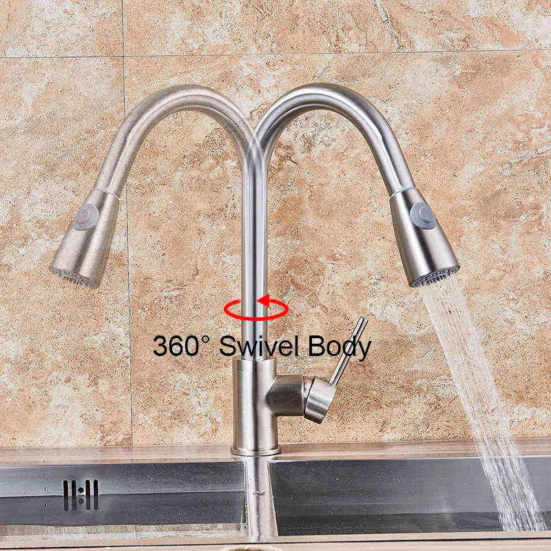 Onyzpily Brushed Nickel Mixer Faucet Single Hole Pull Out Spout Kitchen Sink Mixer Tap Stream Sprayer Head Chrome/Black Kitchen 211108