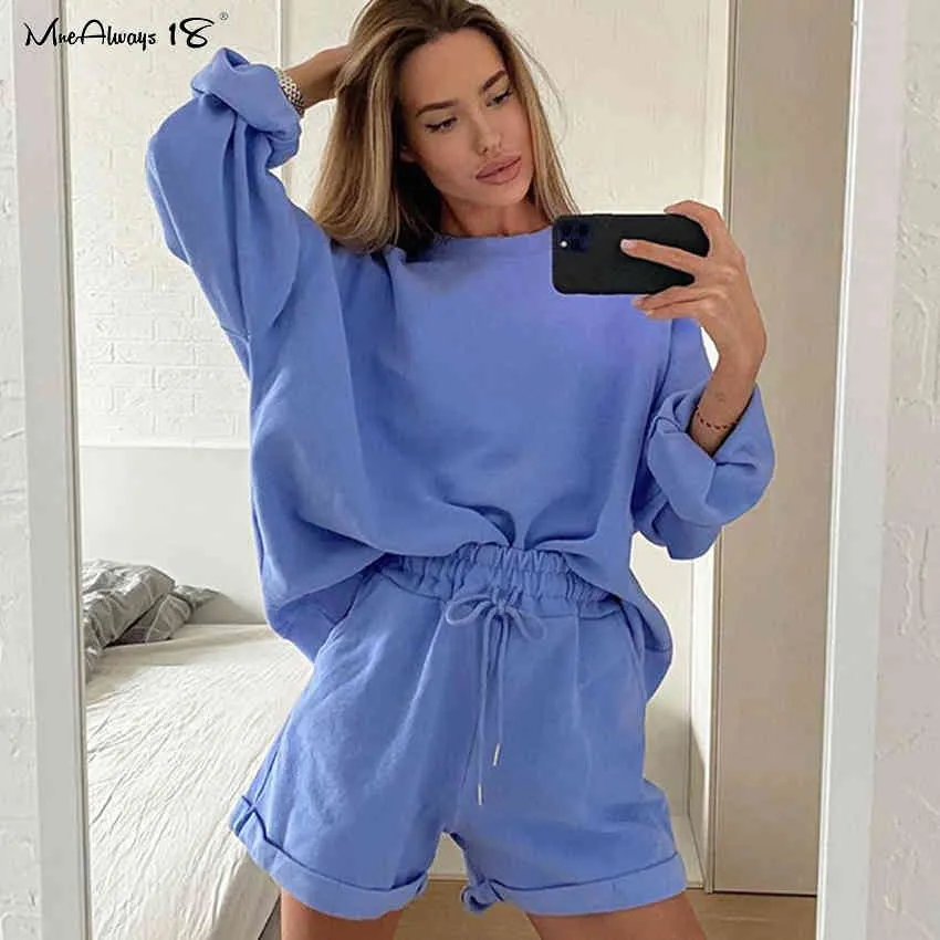 Mnealways18, conjunto informal azul de 2 piezas, traje deportivo para mujer, sudadera de manga larga y pantalones cortos, chándal, conjuntos de otoño para mujer, sueltos 210331