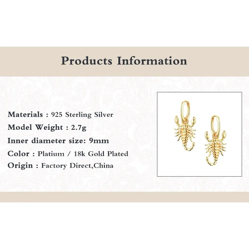 GS 925 argent Sterling Huggie Scorpion pendentif cerceau pour les femmes Hip Hop petit cercle animaux boucles d'oreilles breloques bijoux fins