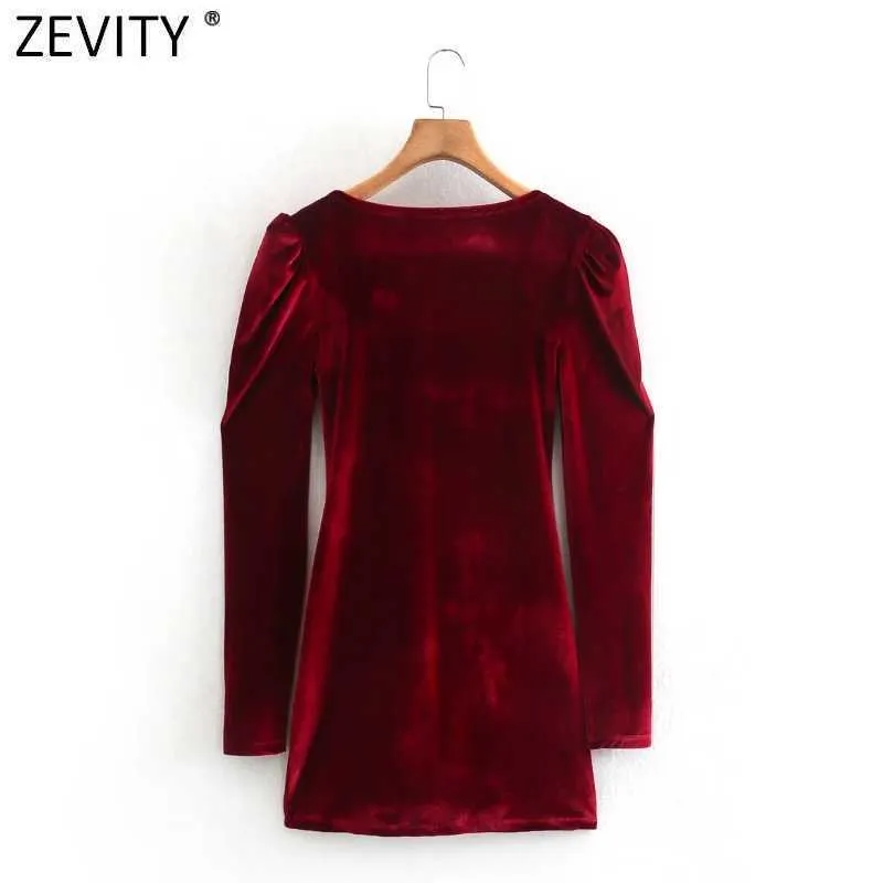 ZEVITY Kadınlar Vintage Kare Yaka Pleats Puf Kollu Ince Mini Elbise Femme Chic Kadife Parti Vestido Rahat Giyim DS4923 210603