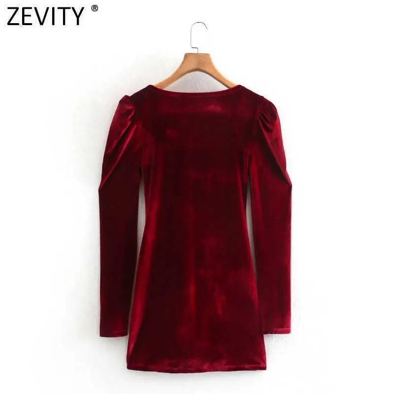Zevity Women Vintage Square Collar Pleats Puff Sleeve Slim Mini Dress Femme Chic Velvet Party Vestido Casual Clothing DS4923 210603