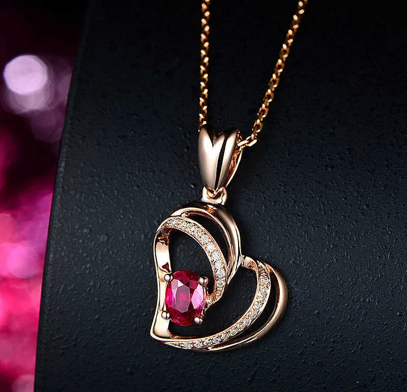 Cristal Womens Colliers Pendentif en forme de coeur rouge évidé amour plein diamant en trois dimensions coeur de pêche clavicule chaîne or argent plaqué